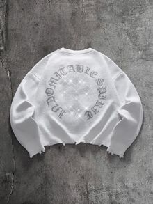 AXEPEAK Suéter de cuello redondo con strass desgastado vintage para hombre - Blanco - Ver 7