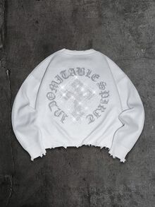 AXEPEAK Suéter de cuello redondo con strass desgastado vintage para hombre - Blanco - Ver 3