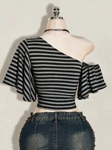 SHEIN ICON 女款條紋不對稱單肩休閒頹廢風性感百搭日常穿著上衣 夜店聚會 黑白條紋夏季 - 彩色 - 查看 2
