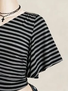 SHEIN ICON 女款條紋不對稱單肩休閒頹廢風性感百搭日常穿著上衣 夜店聚會 黑白條紋夏季 - 彩色 - 查看 8