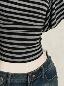 SHEIN ICON 女款條紋不對稱單肩休閒頹廢風性感百搭日常穿著上衣 夜店聚會 黑白條紋夏季 - 彩色 - 查看 9