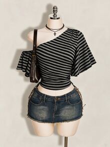 SHEIN ICON 女款條紋不對稱單肩休閒頹廢風性感百搭日常穿著上衣 夜店聚會 黑白條紋夏季 - 彩色 - 查看 7