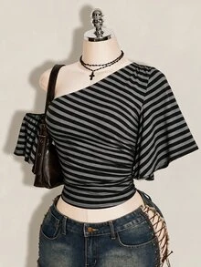 SHEIN ICON 女款條紋不對稱單肩休閒頹廢風性感百搭日常穿著上衣 夜店聚會 黑白條紋夏季 - 彩色 - 查看 6
