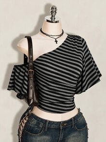 SHEIN ICON 女款條紋不對稱單肩休閒頹廢風性感百搭日常穿著上衣 夜店聚會 黑白條紋夏季 - 彩色 - 查看 12