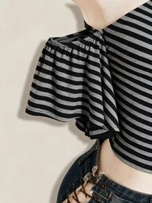 SHEIN ICON 女款條紋不對稱單肩休閒頹廢風性感百搭日常穿著上衣 夜店聚會 黑白條紋夏季 - 彩色 - 查看 5