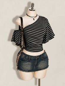 SHEIN ICON 女款條紋不對稱單肩休閒頹廢風性感百搭日常穿著上衣 夜店聚會 黑白條紋夏季 - 彩色 - 查看 4