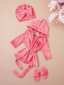 SHEIN 新生儿女孩摄影浴袍，配有配套头巾帽和迷你拖鞋，婴儿拍摄服装，爱心刺绣新生儿道具 - 珊瑚粉 - 查看 2