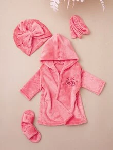SHEIN 新生儿女孩摄影浴袍，配有配套头巾帽和迷你拖鞋，婴儿拍摄服装，爱心刺绣新生儿道具 - 珊瑚粉 - 查看 7
