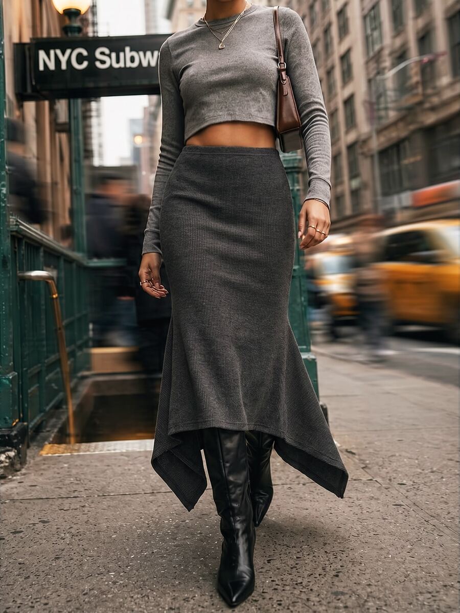 SHEIN Allurite تنانير نسائية - رمادي - مشاهدة 1