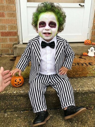 SHEIN Baby Boy 3pcs , Striped Shirt And Elastic Waist Long Pants For Halloween Back To School Clothes Fall/Winter Clothes Black And White Suits