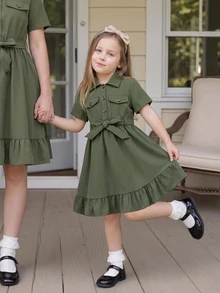 Genkimix Kids Genkimix Girls Elegant Ruffle Trim Shirt Collar Short Sleeve Dress With Belt, Summer - Army Green - View 7