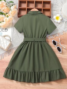 Genkimix Kids Genkimix Girls Elegant Ruffle Trim Shirt Collar Short Sleeve Dress With Belt, Summer - Army Green - View 2