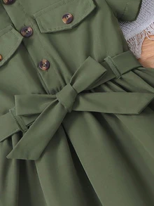 Genkimix Kids Genkimix Girls Elegant Ruffle Trim Shirt Collar Short Sleeve Dress With Belt, Summer - Army Green - View 4