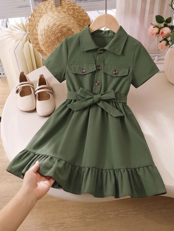 Genkimix Kids Genkimix Girls Elegant Ruffle Trim Skjorta Krage Kortärmad Klänning Med Bälte, Sommar