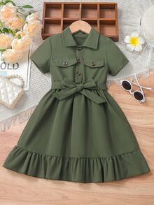 Genkimix Kids Genkimix Girls Elegant Ruffle Trim Shirt Collar Short Sleeve Dress With Belt, Summer - Army Green - View 3