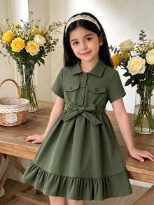 Genkimix Kids Genkimix Girls Elegant Ruffle Trim Shirt Collar Short Sleeve Dress With Belt, Summer - Army Green - View 9