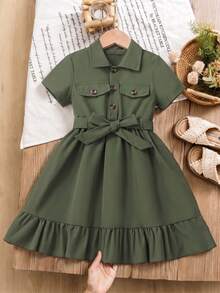Genkimix Kids Genkimix Girls Elegant Ruffle Trim Shirt Collar Short Sleeve Dress With Belt, Summer - Army Green - View 8