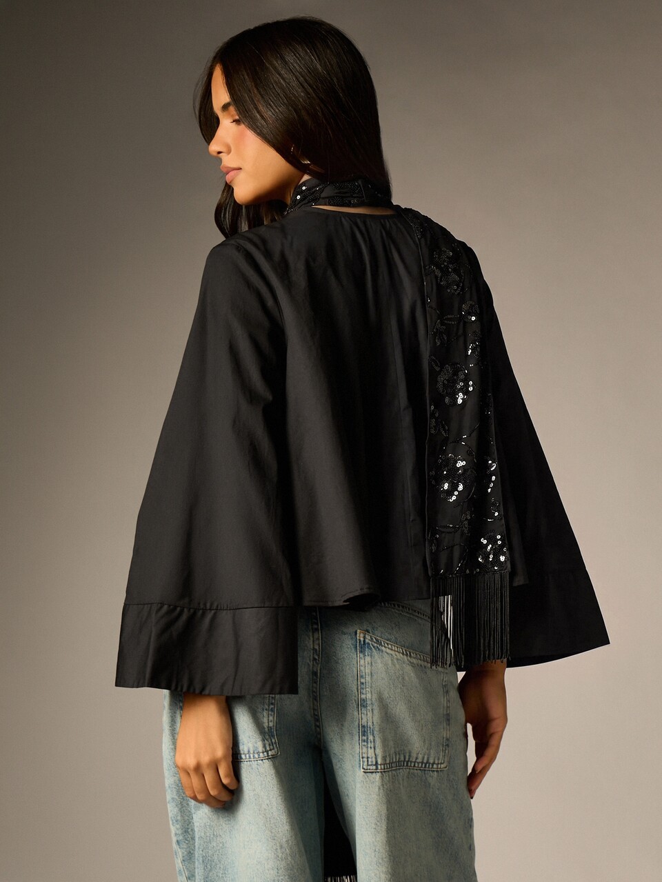AiiRZ Oversized Bell Sleeve Blouse With Sequin Tie Detail