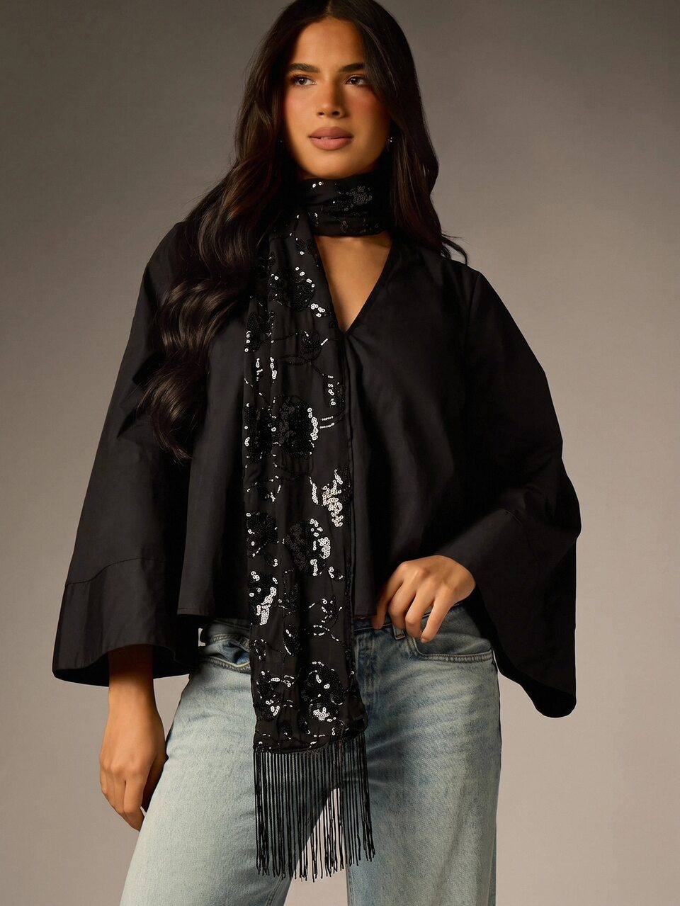 AiiRZ Oversized Bell Sleeve Blouse With Sequin Tie Detail