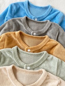 SHEIN 5件隨機發送 1件秋冬新生兒居家連身衣 可愛小狗大象無尾熊刺繡 杏色綠色藍色卡其灰色 單面水晶絨毛 絨毛休閒極簡長袖連腳爬行服 - 彩色 - 查看 6