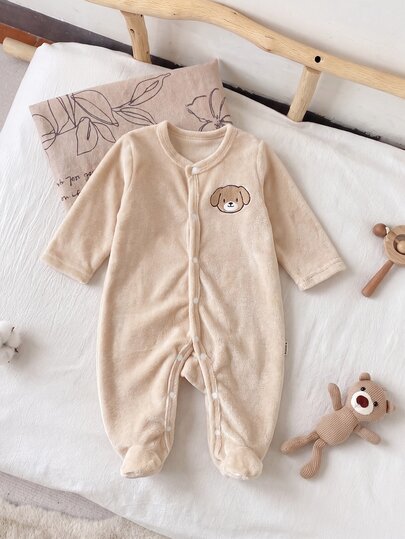 SHEIN 5pcs Randomly Sent 1pc Autumn/Winter Newborn Home Wear Jumpsuit Cute Puppy Elephant Koala Embroidery Apricot Green Blue Khaki Grey Single-Sided Crystal Plush Plush Casual Minimalist Long Sleeve Footed Jumpsuit Crawl Suit