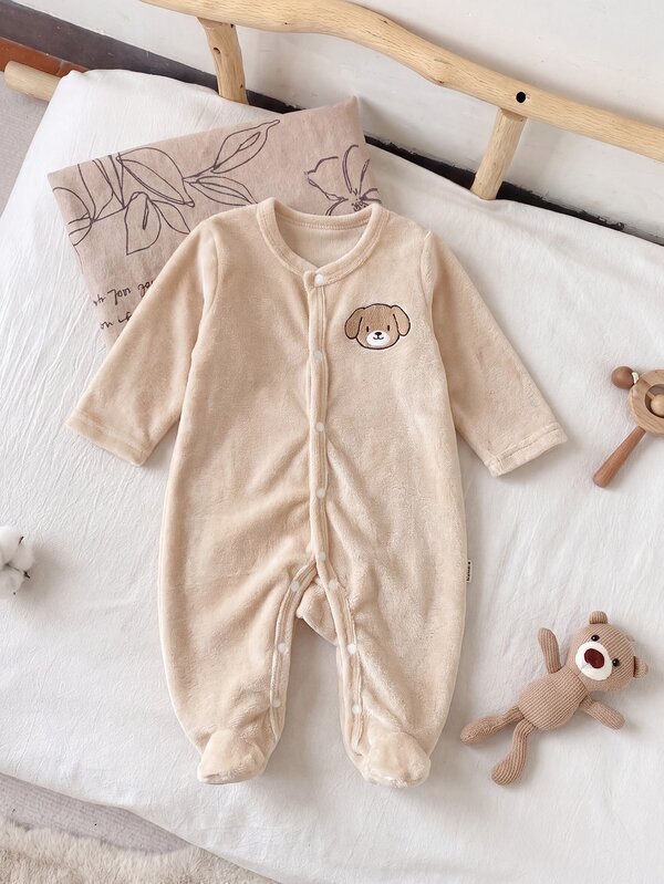 SHEIN 5pcs Randomly Sent 1pc Autumn/Winter Newborn Home Wear Jumpsuit Cute Puppy Elephant Koala Embroidery Apricot Green Blue Khaki Grey Single-Sided Crystal Plush Plush Casual Minimalist Long Sleeve Footed Jumpsuit Crawl Suit