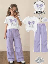 Tween Girls 2pcs/Set Short Sleeve Casual ,Cute White Round Neck T-Shirt With Purple Bow Print & Cargo Pants,Summer School Back-To-School Outdoor