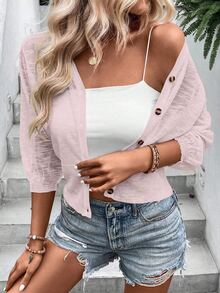 EMERY ROSE Vacation Casual Solid Color Semi-Sheer Cardigan - Dusty Pink - View 5
