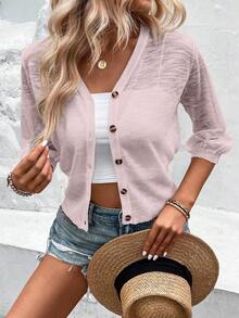 EMERY ROSE Vacation Casual Solid Color Semi-Sheer Cardigan - Dusty Pink - View 3
