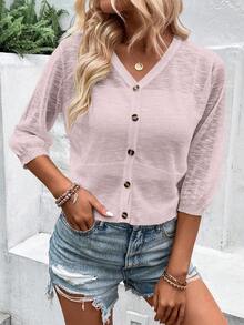 EMERY ROSE Vacation Casual Solid Color Semi-Sheer Cardigan - Dusty Pink - View 4