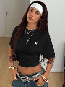Coolane Summer Outfits For Women Minimalist Y2K Basic Daily Wear Casual Back To School Streetwear Stretchy Black Loose Ruched Crop Tees - Black - View 5