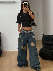 Coolane Summer Outfits For Women Minimalist Y2K Basic Daily Wear Casual Back To School Streetwear Stretchy Black Loose Ruched Crop Tees - Black - View 6