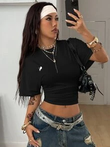 Coolane Summer Outfits For Women Minimalist Y2K Basic Daily Wear Casual Back To School Streetwear Stretchy Black Loose Ruched Crop Tees - Black - View 3