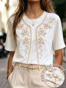SHEIN Women's Elegant Digital Print Floral Rhinestone & Pearl Pattern T-Shirt, White Crew Neck Short Sleeve Loose Casual Jersey Top, Perfect Gift For Daily & Party - White - View 1