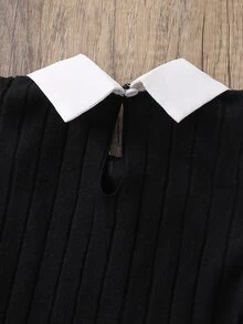 Casuvi Kids 女童春夏/秋冬休閒襯衫套裝，白色3D蝴蝶結，淺粉色針織刷毛羅紋布拼接梭織布，白色長袖翻領荷葉邊下擺2合1襯衫上衣搭配刷毛羅紋淺粉色休閒喇叭長褲，2件套，適合返校季、休閒時尚、甜美可愛風格、日常出遊、旅行、拍照穿搭 - 黑與白 - 查看 9
