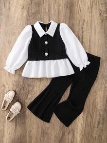 Casuvi Kids 女童春夏/秋冬休閒襯衫套裝，白色3D蝴蝶結，淺粉色針織刷毛羅紋布拼接梭織布，白色長袖翻領荷葉邊下擺2合1襯衫上衣搭配刷毛羅紋淺粉色休閒喇叭長褲，2件套，適合返校季、休閒時尚、甜美可愛風格、日常出遊、旅行、拍照穿搭 - 黑與白 - 查看 7