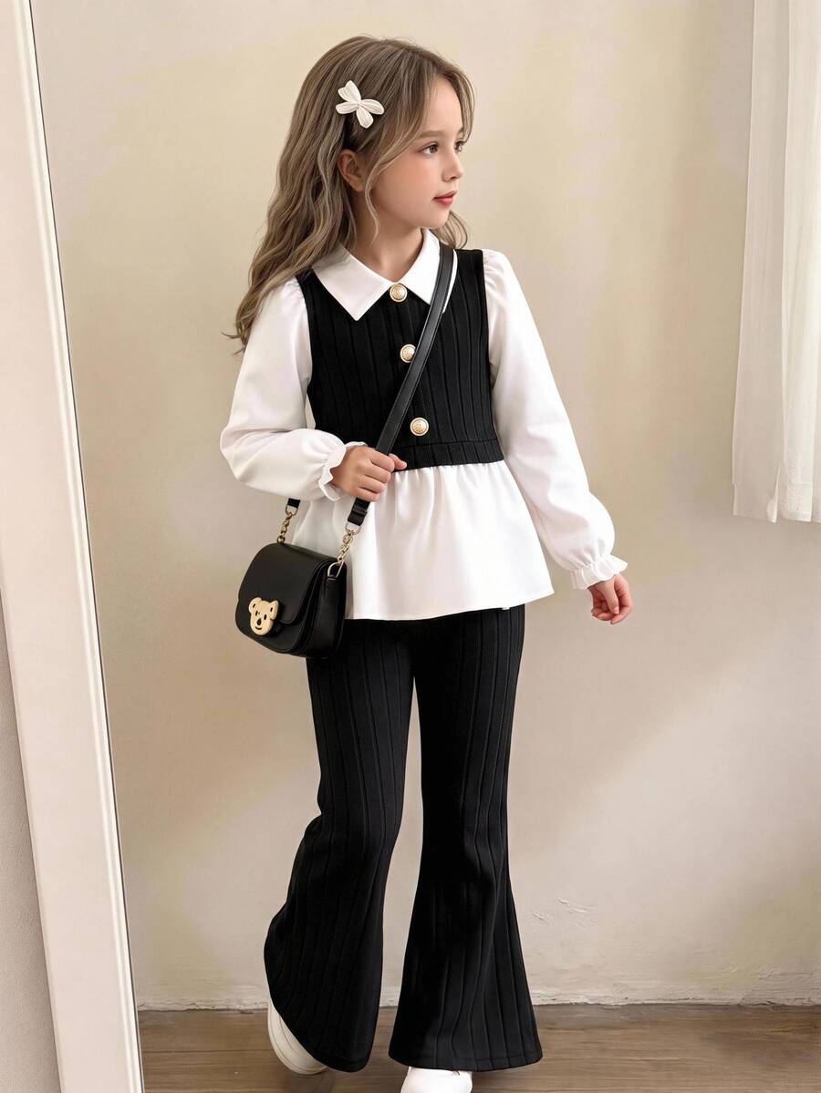 Casuvi Kids 女童春夏/秋冬休閒襯衫套裝,白色3D蝴蝶結,淺粉色針織刷毛羅紋布拼接梭織布,白色長袖翻領荷葉邊下擺2合1襯衫上衣搭配刷毛羅紋淺粉色休閒喇叭長褲,2件套,適合返校季、休閒時尚、甜美可愛風格、日常出遊、旅行、拍照穿搭 - 黑與白 - 查看 1