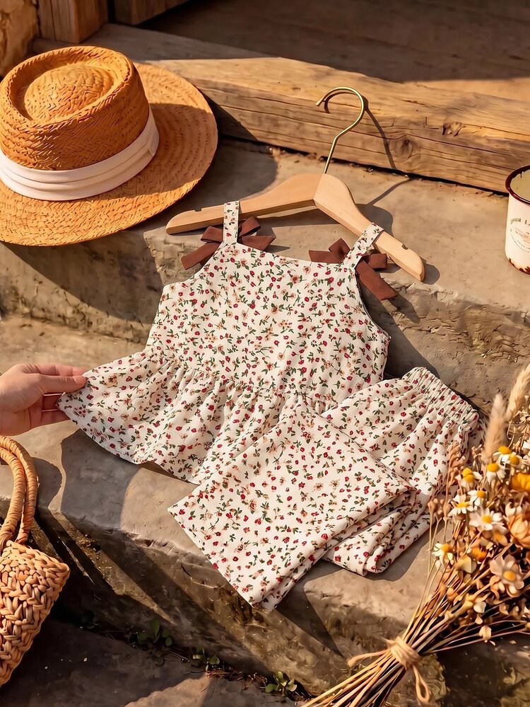 SHEIN Setelan 2 Potong Atasan Camisole Motif Polkadot Tenun untuk Anak Perempuan Muda dan Celana Panjang - Merah - View 4
