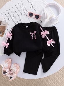 SHEIN Playful Pals 女嬰黑色蝴蝶結圖案落肩長袖衛衣與長褲套裝，聚酯纖維日常休閒套裝，冬季款 - 黑色 - 查看 1