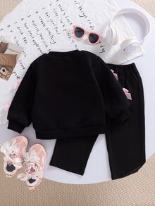 SHEIN Playful Pals 女嬰黑色蝴蝶結圖案落肩長袖衛衣與長褲套裝，聚酯纖維日常休閒套裝，冬季款 - 黑色 - 查看 2