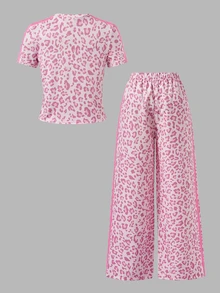 SHEIN 2件組青少年短袖上衣與長褲套裝，粉色蝴蝶結緞帶，適合春夏，運動與通勤穿著 - 藕粉色 - 查看 6