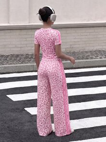 SHEIN 2件組青少年短袖上衣與長褲套裝，粉色蝴蝶結緞帶，適合春夏，運動與通勤穿著 - 藕粉色 - 查看 2