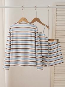 SHEIN Sparklyn 兒童3件式條紋套裝，柔軟療癒，淺藍、咖啡與米色細條紋，包含圓領開襟衫、細肩帶上衣與寬鬆短褲，一套可多種穿搭 - 藍色 - 查看 2