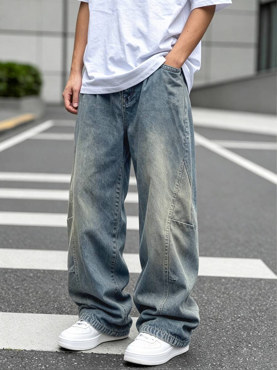 Manfinity Roghcode Men's Solid Color Simple Daily Jeans - Medium Wash - View 1