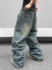 Manfinity Roghcode Men's Solid Color Simple Daily Jeans - Medium Wash - View 2