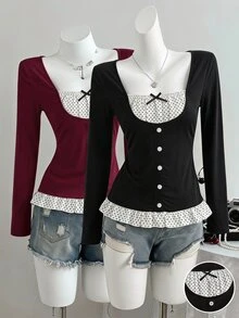 SHEIN Sparklyn 青少年女孩時尚休閒優雅可愛街頭風混色條紋蕾絲飾邊長袖T恤 秋季 - 黑與白 - 查看 3
