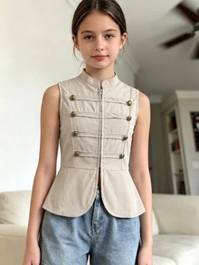 SHEIN 女款（大碼）春夏秋冬休閒優雅通勤女式圓領無袖短背心，金色珍珠鈕扣，老錢風，純色，前開襟，適合日常休閒、度假、家庭聚會等場合 - 卡其色 - 查看 5