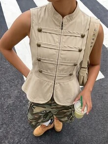 SHEIN 女款（大碼）春夏秋冬休閒優雅通勤女式圓領無袖短背心，金色珍珠鈕扣，老錢風，純色，前開襟，適合日常休閒、度假、家庭聚會等場合 - 卡其色 - 查看 4