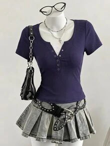 SHEIN Sparklyn 1件隨機款青少年女孩純色休閒可愛百搭日常穿著T恤 白色/海軍藍 夏季 - 藏蓝色 - 查看 1