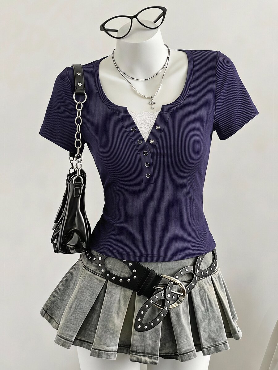SHEIN Sparklyn 1件隨機款青少年女孩純色休閒可愛百搭日常穿著T恤 白色/海軍藍 夏季 - 藏蓝色 - 查看 1